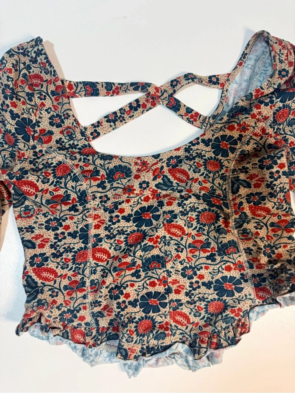 Free People Floral Scoop-Neck Crop Top - Cream with Pink & Blue